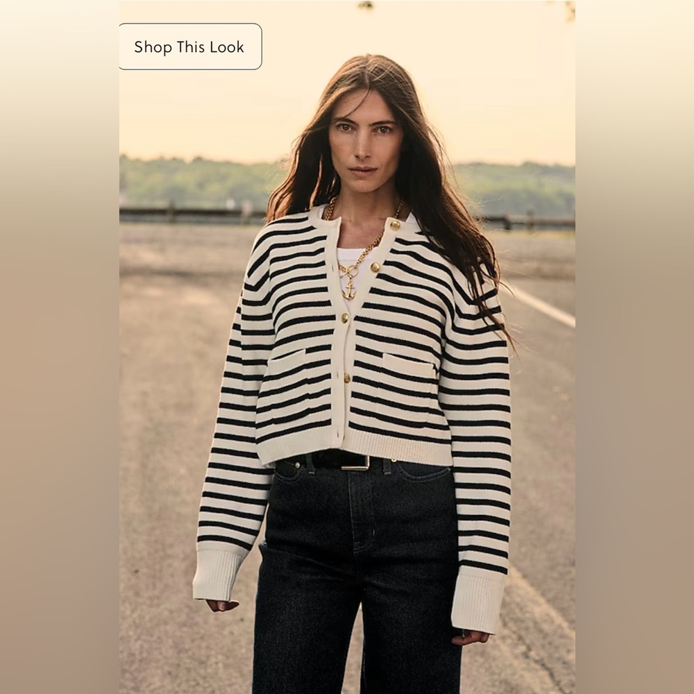 J.Crew NWOT New relaxed Emilie sweater lady jacket in stripe natural navy